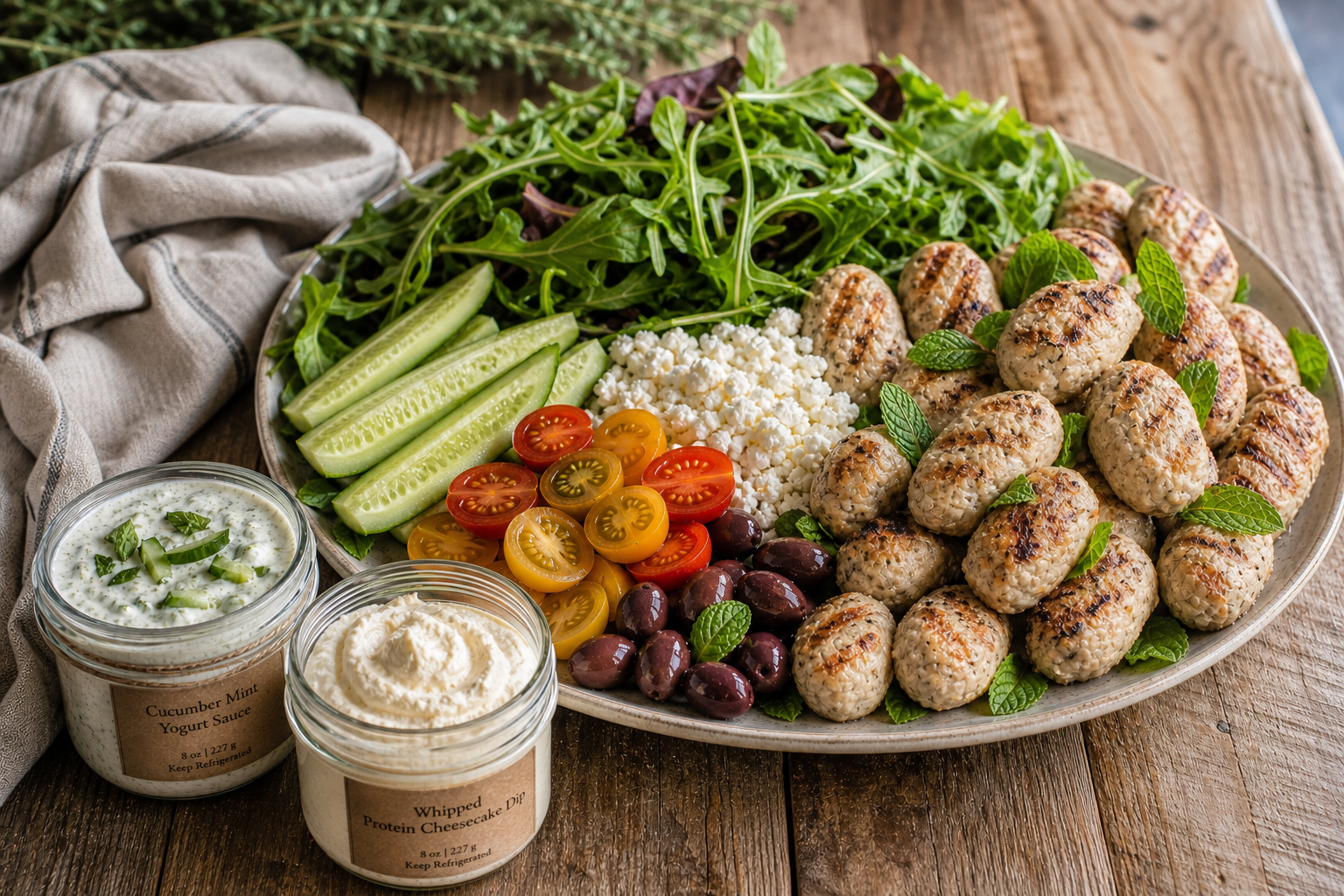 A cold-composed Community Plate platter with 300g of solid protein, greens, vegetables, cheeses, and protein dessert dip