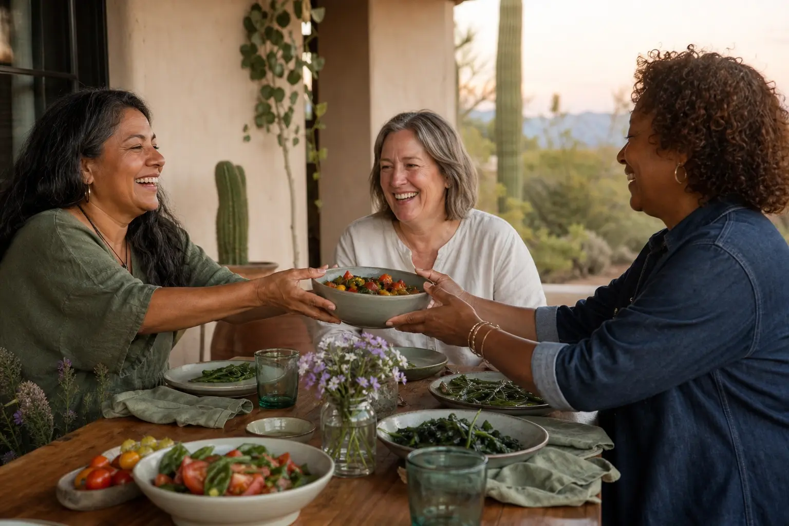 Women sharing a meal together at a warm, welcoming table