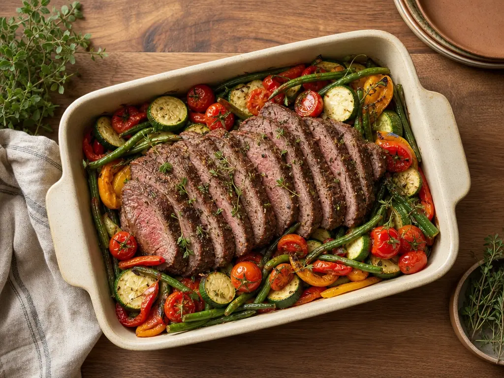 A sliced beef roast family dinner with roasted vegetables in a 13×9 pan