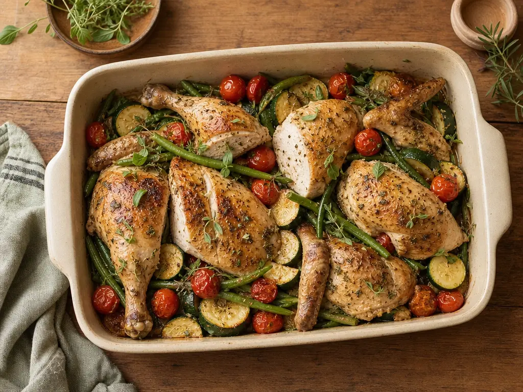 A family-style roasted chicken dinner in a 13×9 ceramic pan with roasted vegetables