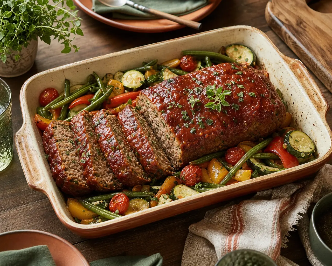 A home-style meatloaf family dinner with roasted vegetables in a 13×9 pan