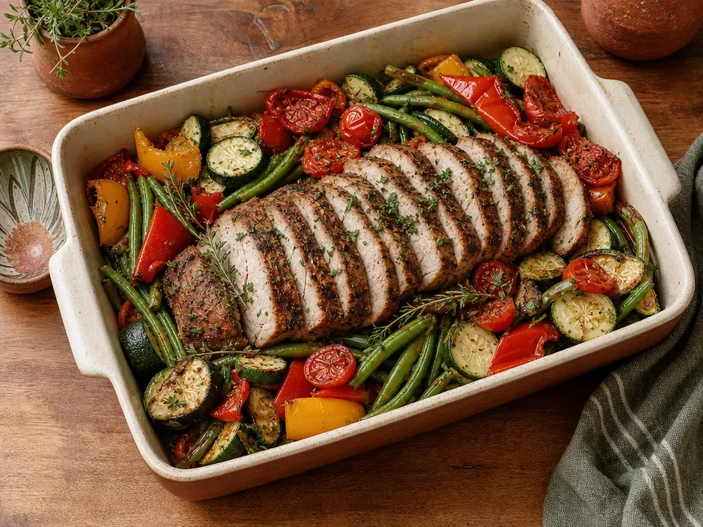 A roast pork family dinner with roasted vegetables in a 13×9 pan