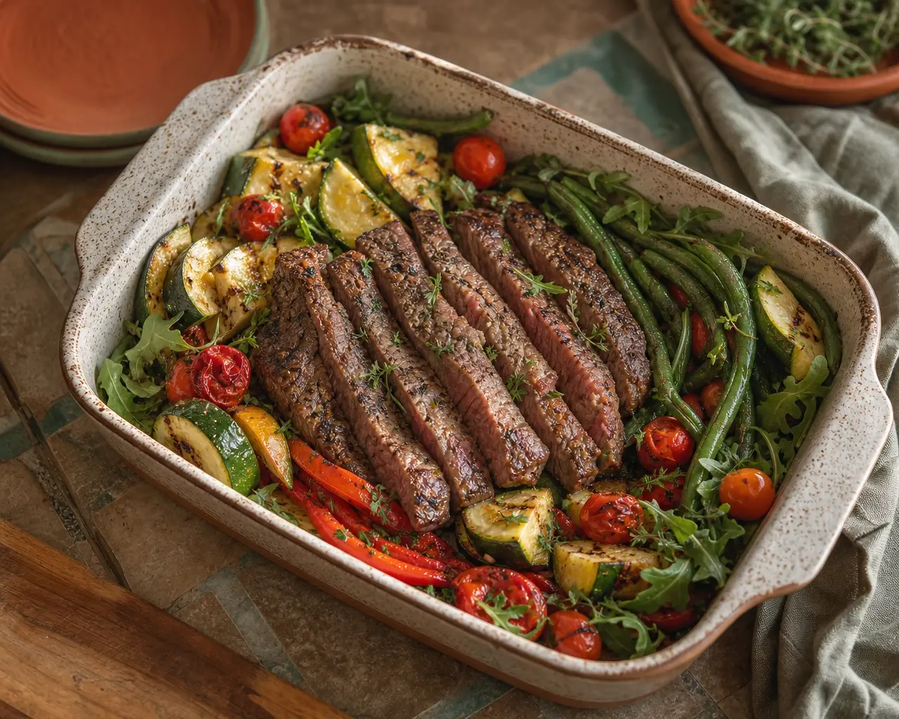 A seared steak family dinner with roasted vegetables in a 13×9 pan