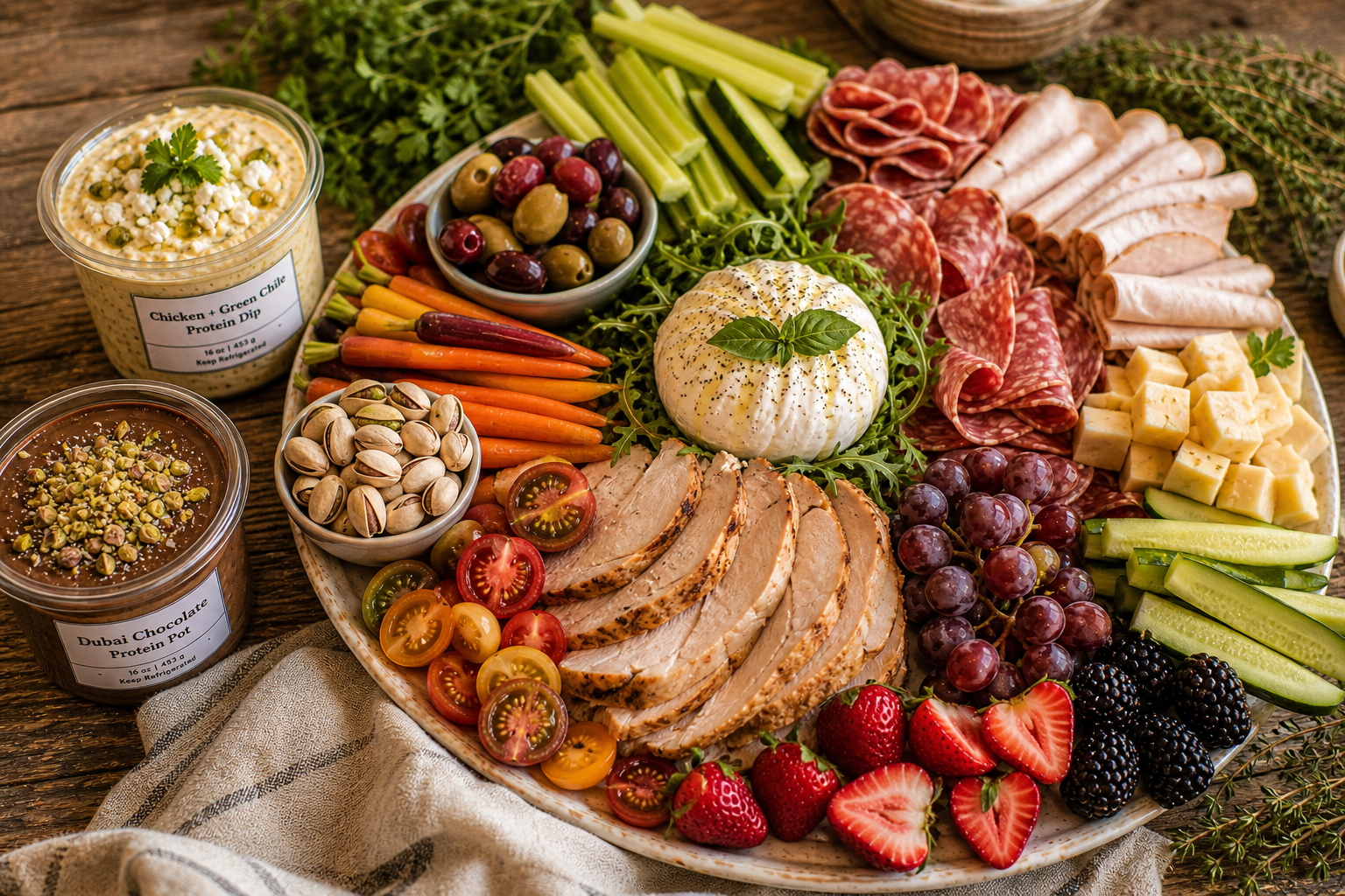 A generous protein-forward grazing board with Chicken + Green Chile Protein Dip, Dubai Chocolate Protein Pot, meats, cheeses, vegetables, fruit and accompaniments