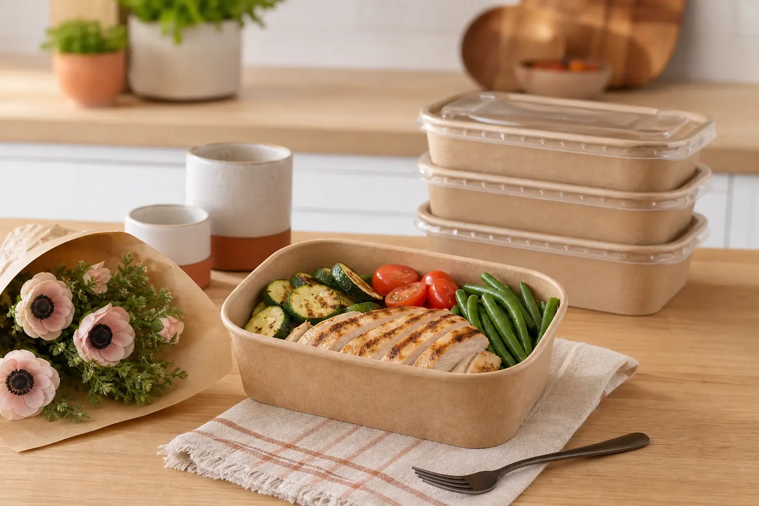 Simplicity Provisions protein-forward meal prep containers with grilled chicken, roasted zucchini, green beans and cherry tomatoes in a modern Phoenix kitchen