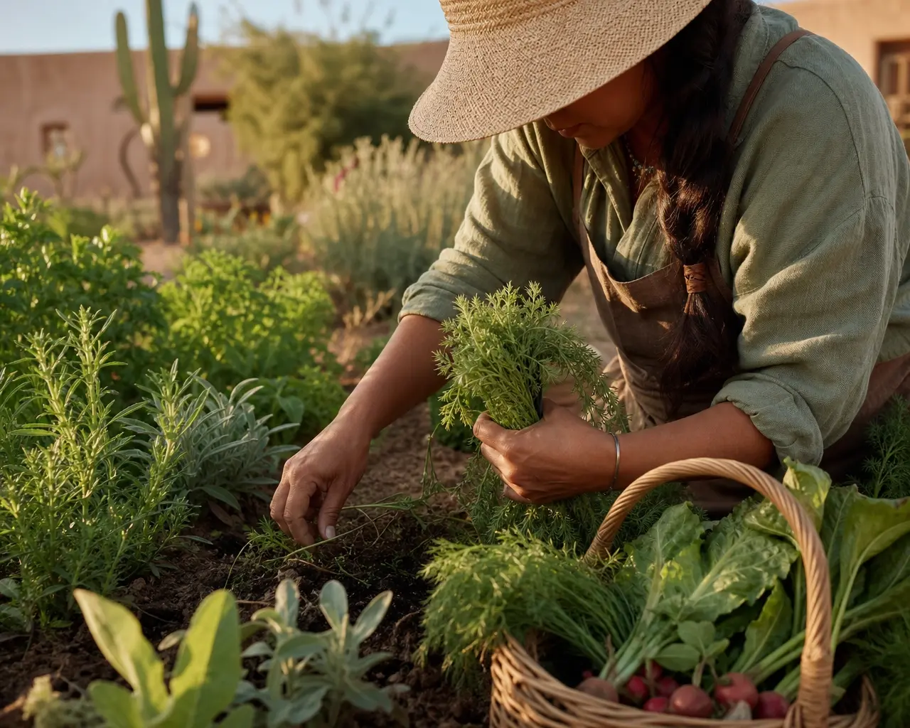 Weathered hands harvesting fresh herbs + greens on a local farm