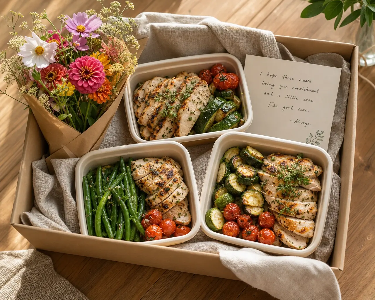 A meal care package in a kraft box with linen + wildflowers