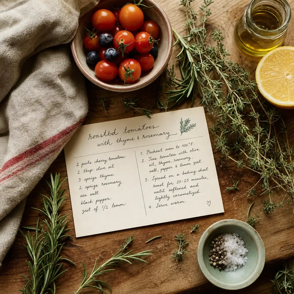 Fresh herbs, cherry tomatoes + a handwritten recipe card on a wooden cutting board