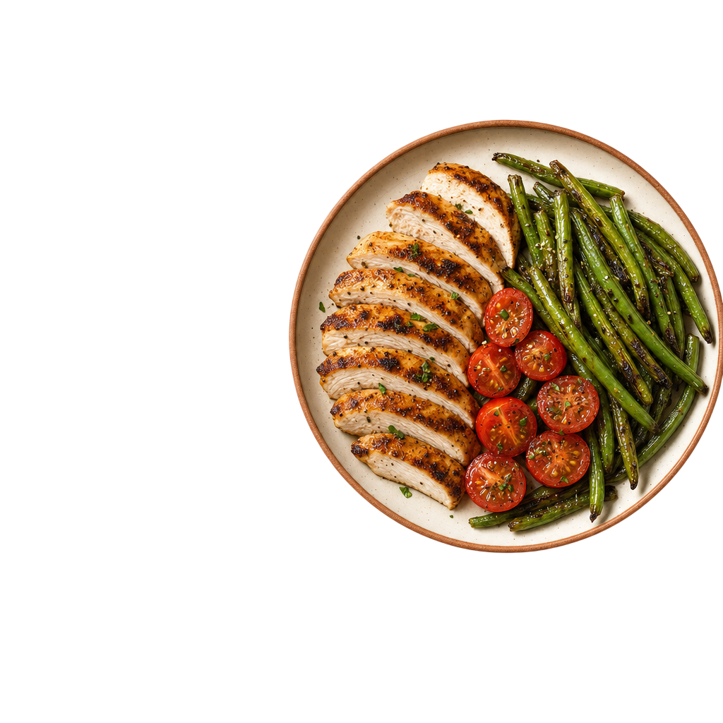 Plate of grilled chicken with green beans and tomatoes