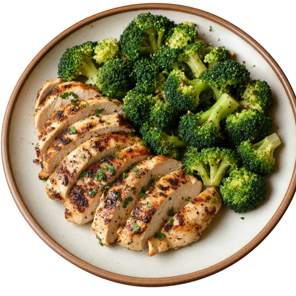 Plate of sliced grilled chicken with broccoli
