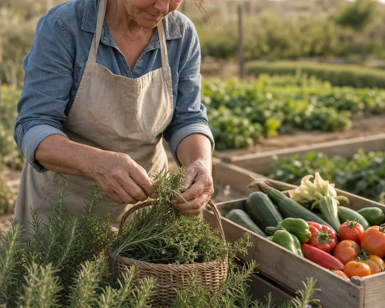 A local producer holding freshly gathered herbs