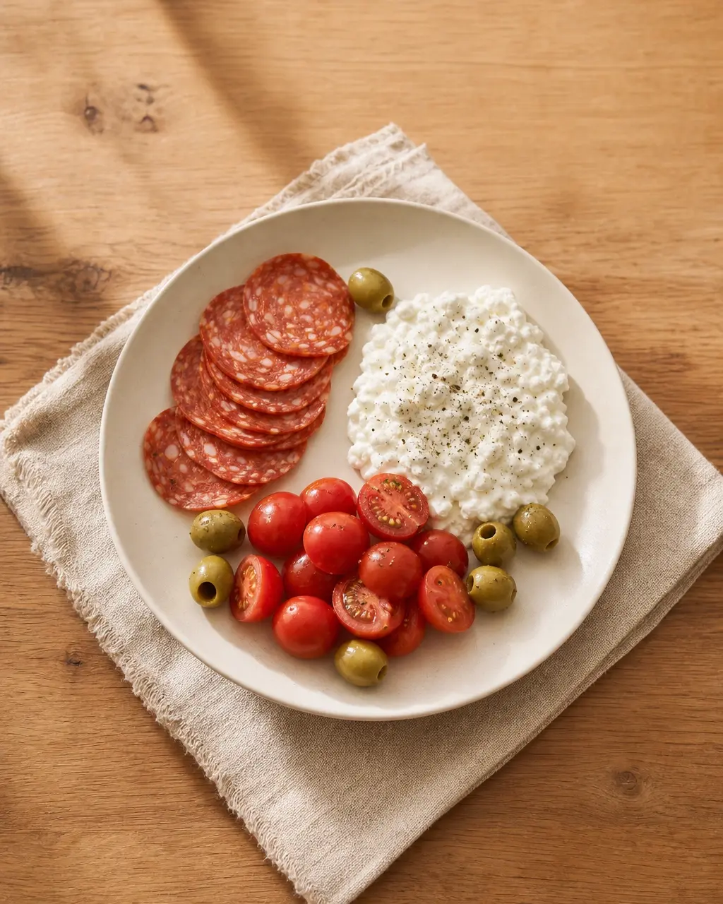 A protein-forward girl dinner plate: pepperoni, cottage cheese with GENEPRO, cherry tomatoes and olives