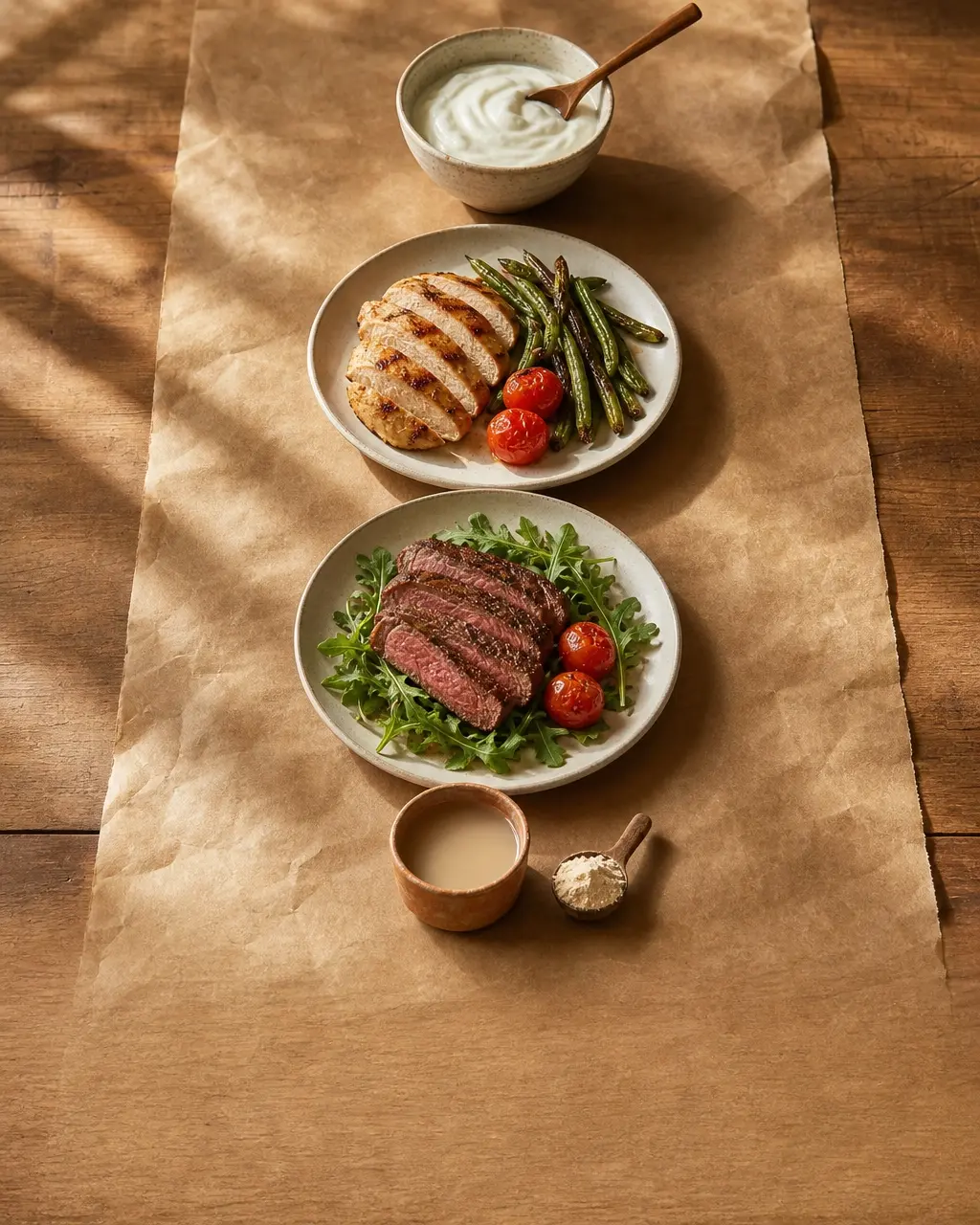 Protein Cheat Sheet: a day of protein-forward meals on kraft paper