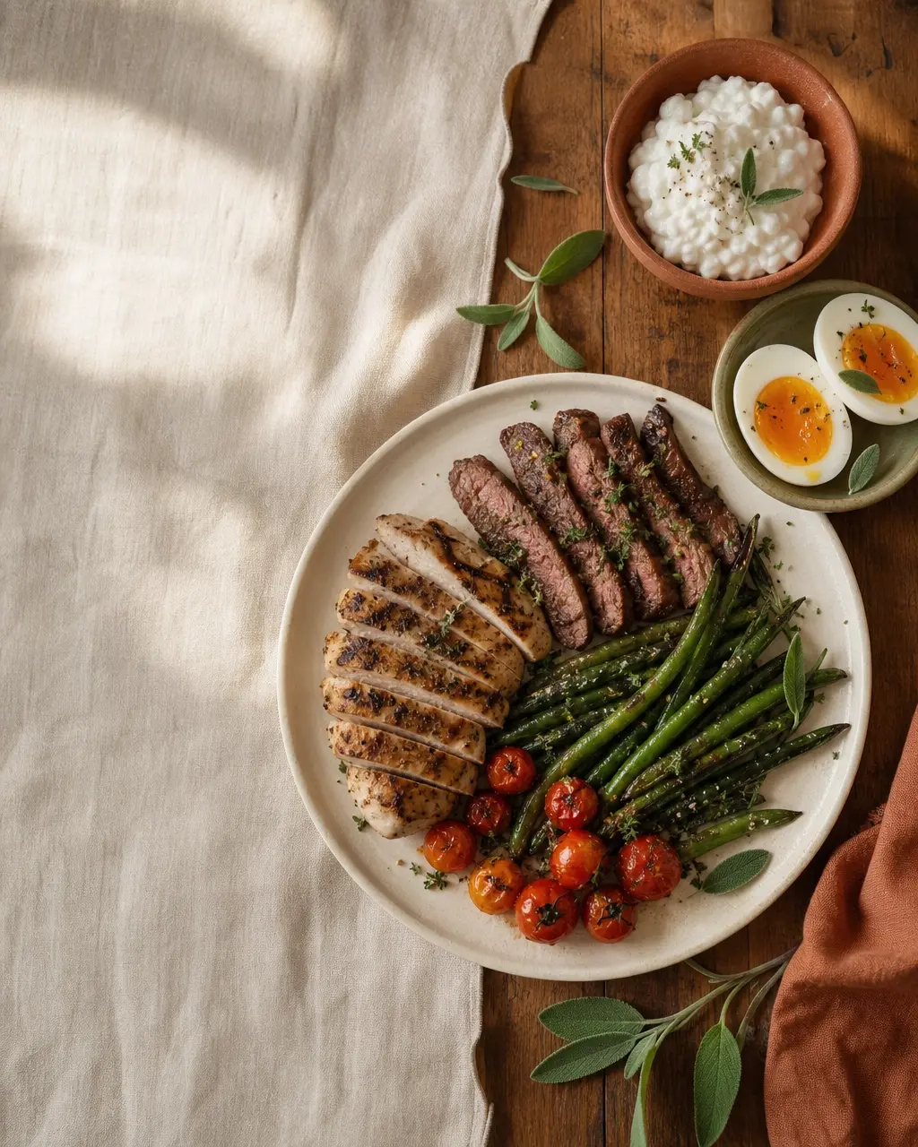 Protein-forward plate of chicken, steak, cottage cheese, eggs, and vegetables
