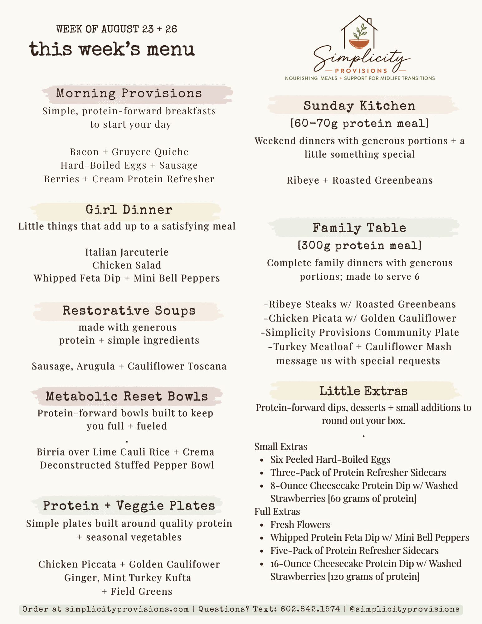 Simplicity Provisions weekly menu for the week of August 23 + 26
