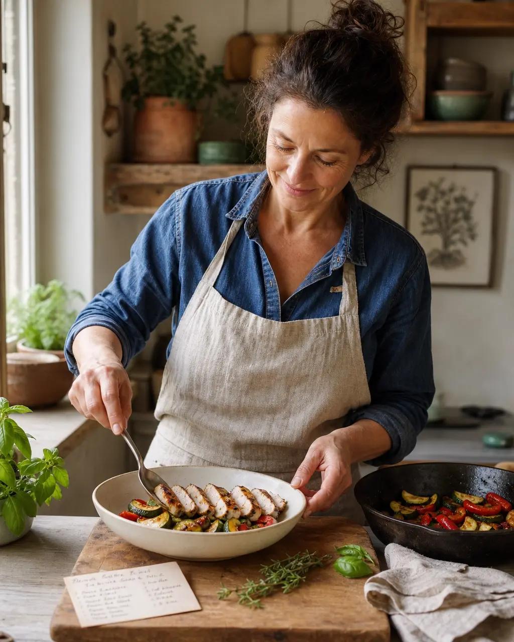A woman in her fifties plating roasted vegetables and grilled chicken in a warm home kitchen