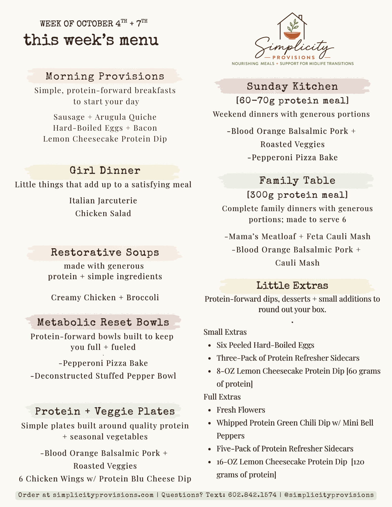 Simplicity Provisions weekly menu for the week of October 4th + 7th